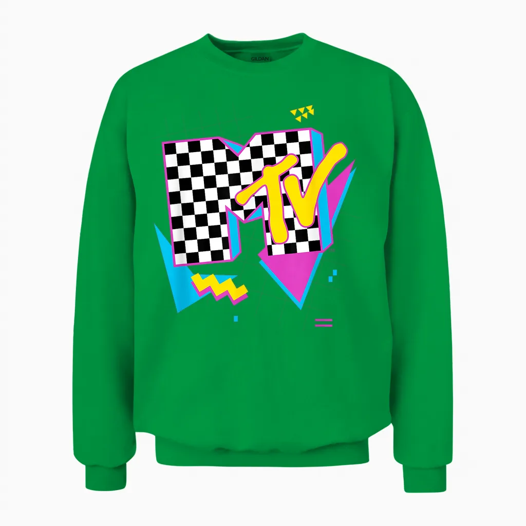 Mtv Retro Checkered Neon Shapes Music Television Unisex Sweatshirt in Irish Green