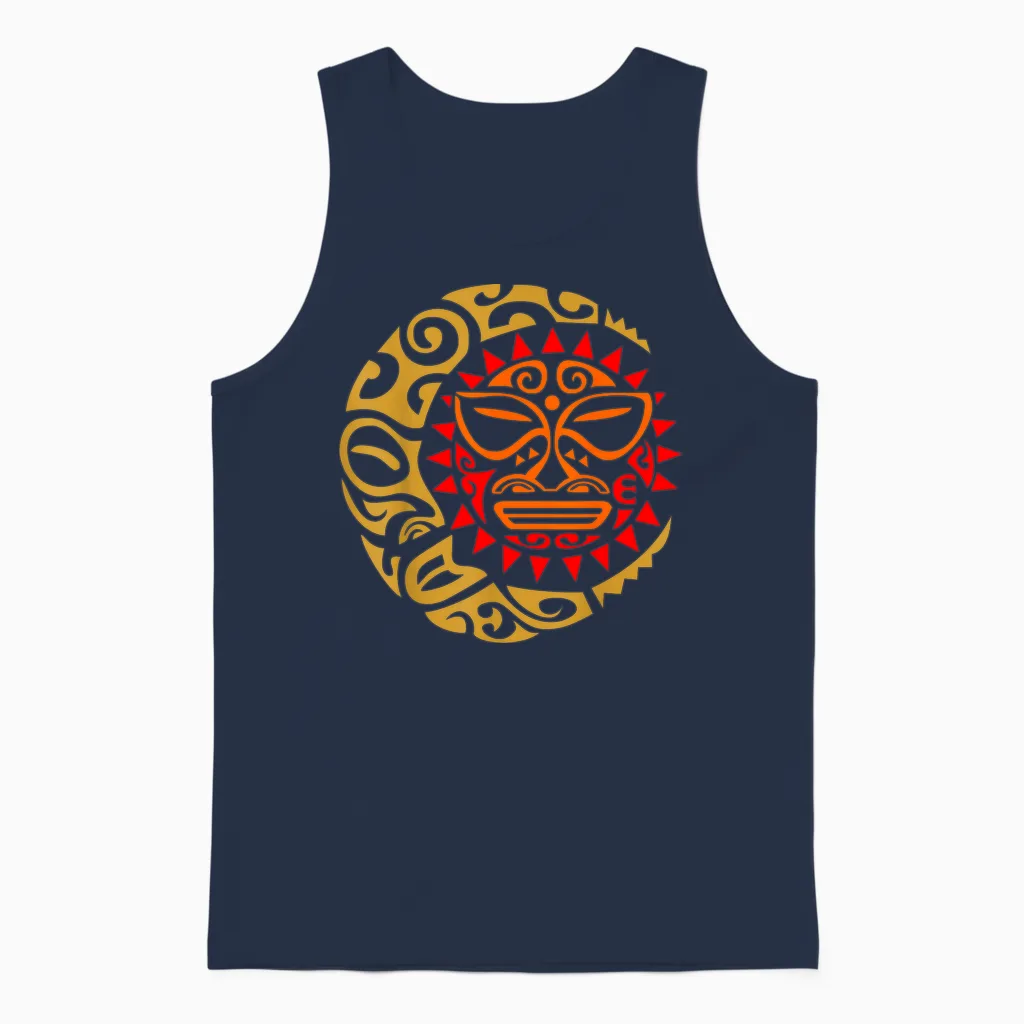 Maori Sun Moon Art Traditional Symbols Animal T-Shirt, Black, S Unisex Tank Top in Navy
