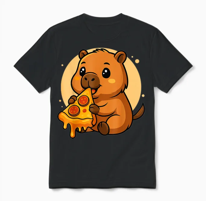 Lustige Capybara Essen Pizza Grafik Jungen Mädchen Capybara Unisex T-Shirt in Black