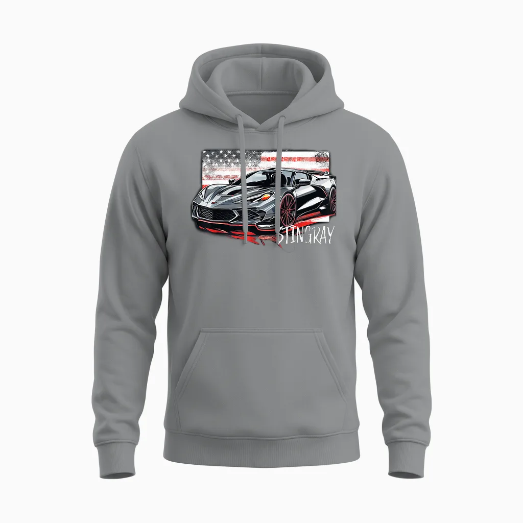 C8 American Muscle V8 Supercar Stingray Cool Vette Mechanic Unisex Hoodie in Sport Grey