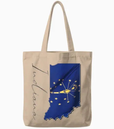 Indiana State Flag in Indiana State Map In Tote Bags - Natural