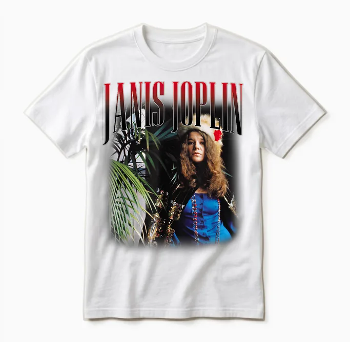 Janis Joplin Baron Homage 60s Rock T-Shirt, Black Unisex T-Shirt in White