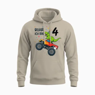 Kinder Dino Monstertruck Roar Ich Bin 4 Party 4 Jahre Unisex Hoodie - Sand