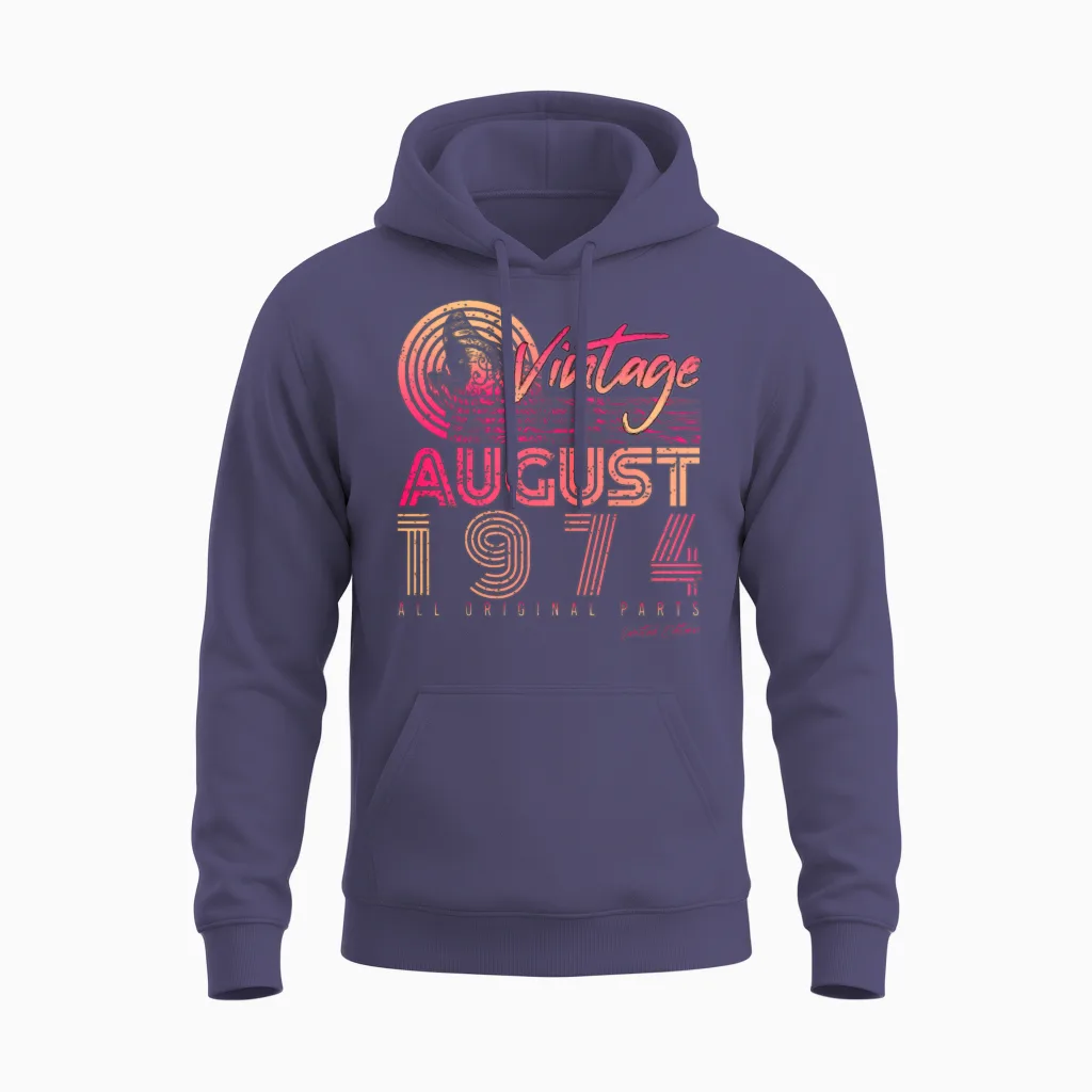 Vintage 1974 August Unisex Hoodie in Heather Sport Dark Navy