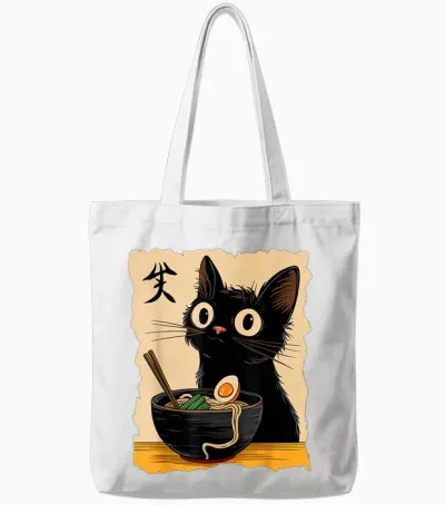 Black Cat Ramen Japanese Kawaii Anime Cat Ramen Tote Bags - White