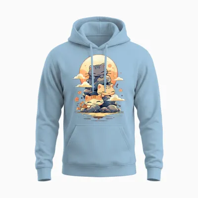 Japanese Cats Sleeping Cat Cute Kitten Anime Kawaii T-Shirt, Black Unisex Hoodie - Light Blue