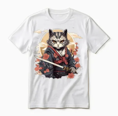 Samurai Cat Warrior Japanische Ninja Katze Kawaii Unisex T-Shirt - White