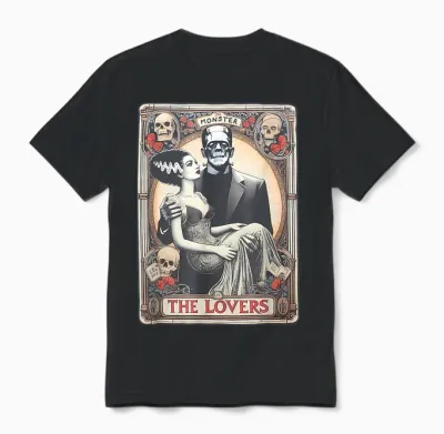 Retro Halloween Frankenstein Tarot Card T-Shirt - Unisex Adults - Black - Small - Short Sleeve - Regular Fit - Cotton 100%, Polyester Blend - Halloween, Retro, Couples, Tarot Card Fans, Unisex Unisex T-Shirt - Black