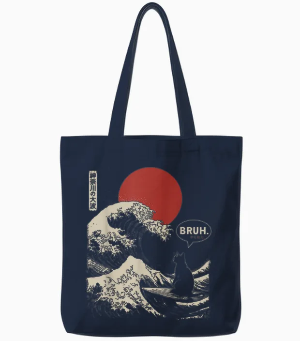 Bruh. the Great Wave Kanagawa Funny Japanese Surfing Cat Tote Bags in Navy