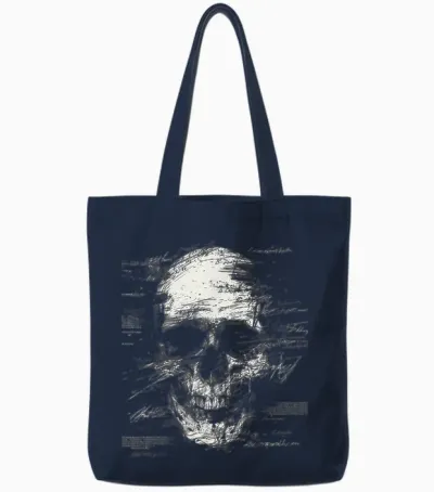 Skull Art Drawing Graphic Text Motif Skull T-Shirt, Black Tote Bags - Navy