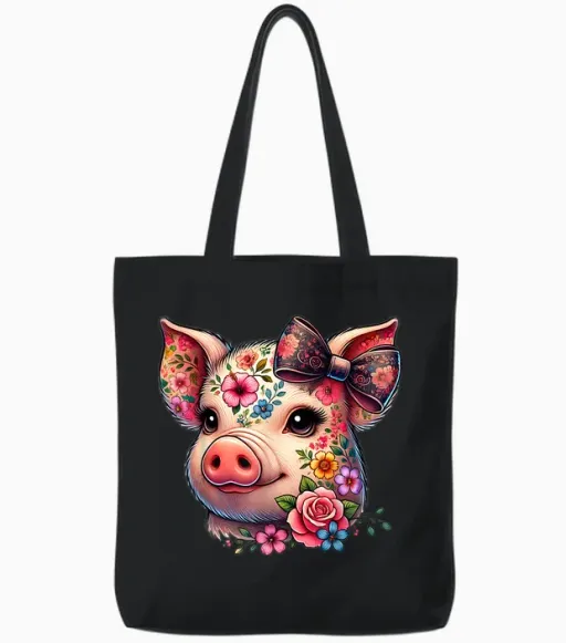 Adorable Pig Flower Graphic Pig Farm Animal Lovers for Women and Girls T-Shirt, Black, S Tote Bags - Black