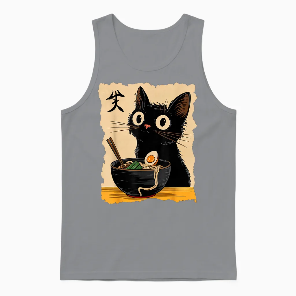 Black Cat Ramen Japanese Kawaii Anime Cat Ramen Unisex Tank Top in Sport Grey
