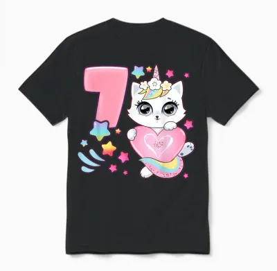 Geburtstag Mädchen 7 Jahre, Katze, Einhorn, 7. Geburtstag Unisex T-Shirt - Black