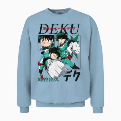 My Hero Academia Deku Action Poses Collage with Kanji Anime Unisex Sweatshirt - Light Blue