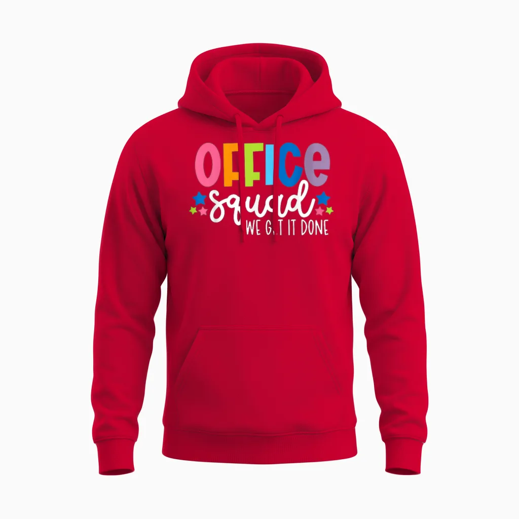 Office Squad We Get It Done Back to School Happy First Day Unisex Hoodie in Red