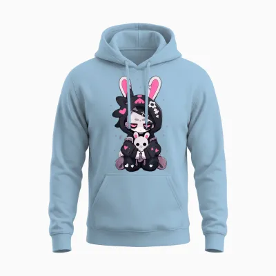 Goth Bunny Anime Girl Cute E-Girl Gothic Outfit Grunge Unisex Hoodie - Light Blue