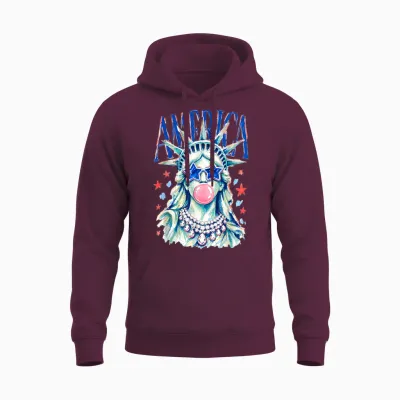Brushstroke Statue of Liberty Blowing Bubble Gum 4th of July Unisex Hoodie - Maroon