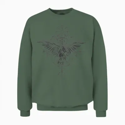 Walhalla Raven Odins Runes Nordic Compass Viking T-Shirt, Black Unisex Sweatshirt - Military Green