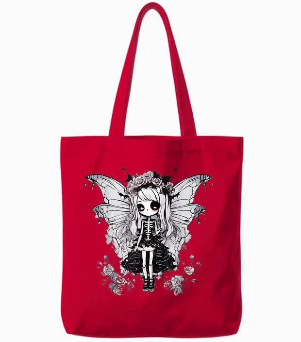 Skeleton Fairy Anime Goth Kawaii Tote Bags in Red