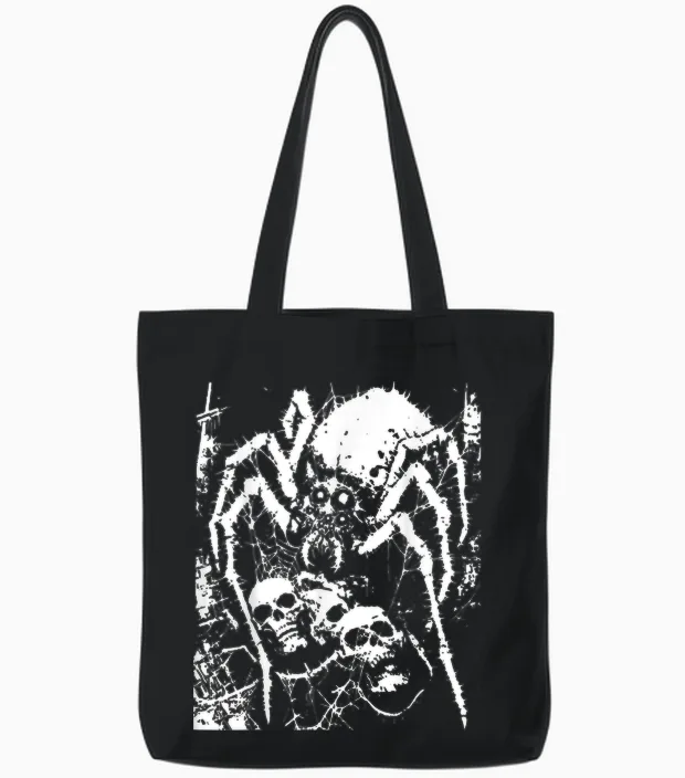 Crust Punk Spider Horror Creepy Edgy Goth Grunge Weirdcore T-Shirt, Black Tote Bags in Black