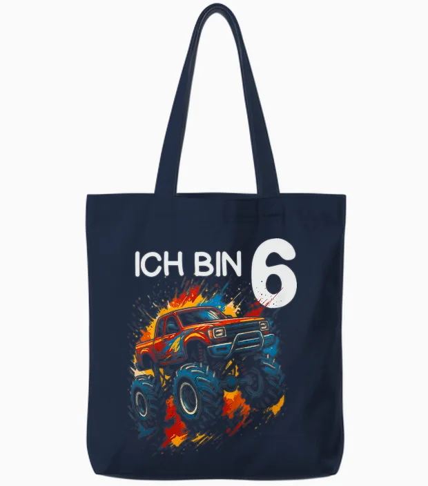 Kids I Am 6 Years Boy Girl 6th Birthday Monster Truck Tote Bags in Navy