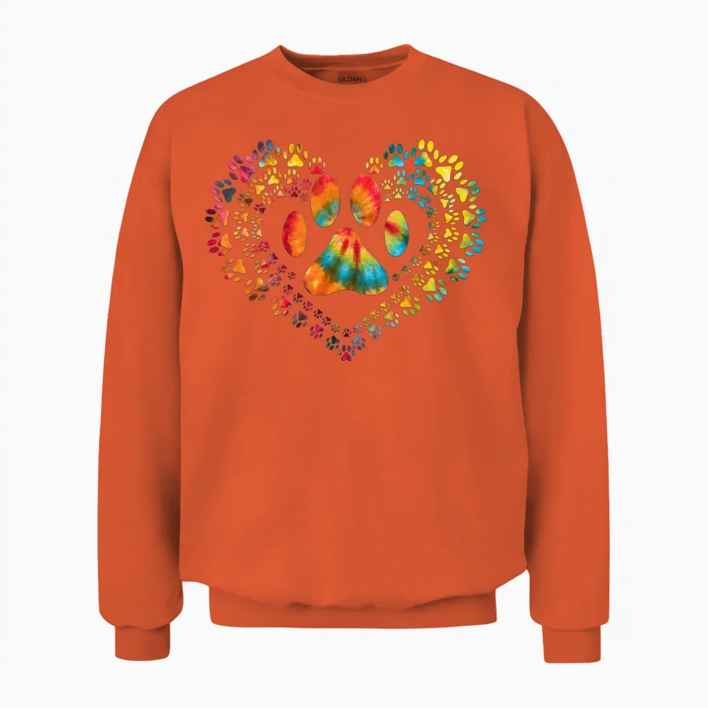 Tie Dye Love Dog Paw Print Heart Animal Lover Unisex Sweatshirt in Orange