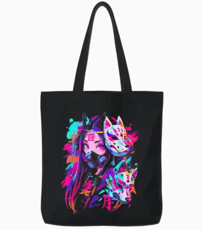 Anime Manga Cyberpunk Aesthetic Techwear Harajuku Kitsune T-Shirt, Black Tote Bags - Black