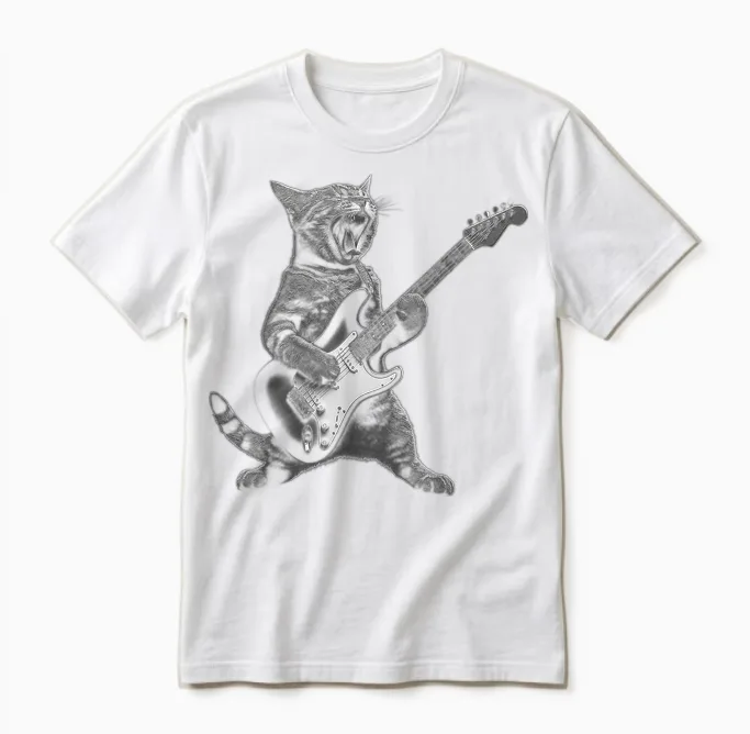 Funny Cat Playing Guitar Rock and Roll Gifts Men Women Kid Unisex T-Shirt in White