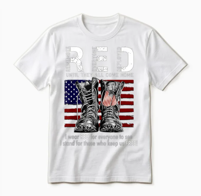 On Friday We Wear Red Military R.e.d Friday Military Remember Everyone Deployed Unisex-Adults Us Flag T-Shirt Black Small Classic Fit Short Sleeve Unisex T-Shirt in White