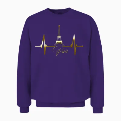 Paris Skyline Heartbeat I Love Eiffel Tower Love France T-Shirt, Black Unisex Sweatshirt - Purple