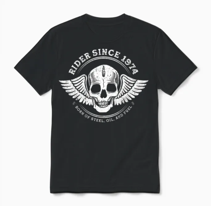 Rider Since 1974 - 51 Years, Fueled by Freedom Unisex T-Shirt in Black