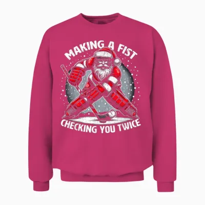 Making a Fist Checking You Twice Ugly Christmas Santa Hockey Unisex Sweatshirt - Heliconia