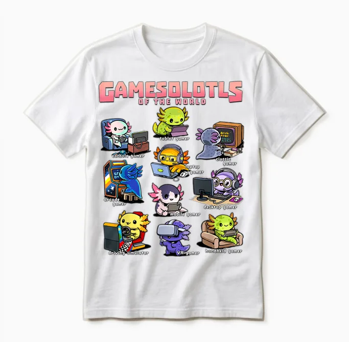 Gamesolotls of the World - Diverse Gamer Axolotl Collection Unisex T-Shirt in White