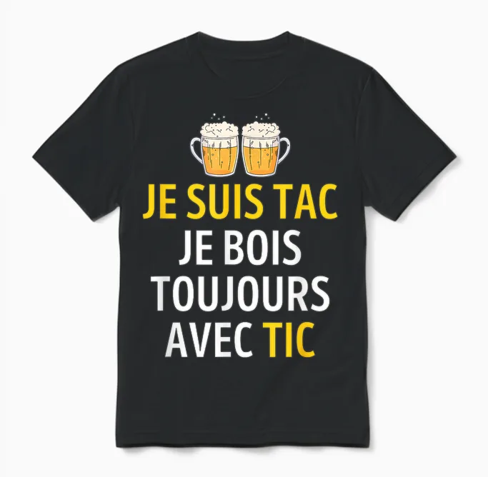 Je Suis Tac Je Bois Toujours Avec Tic - Assorted Humour Beer T-Shirt, Black, S Unisex T-Shirt in Black