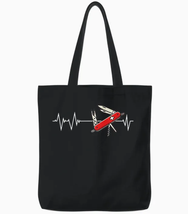 Military Knife Heartbeat Wear Switzerland Sackmesser T-Shirt, Black, S Tote Bags in Black