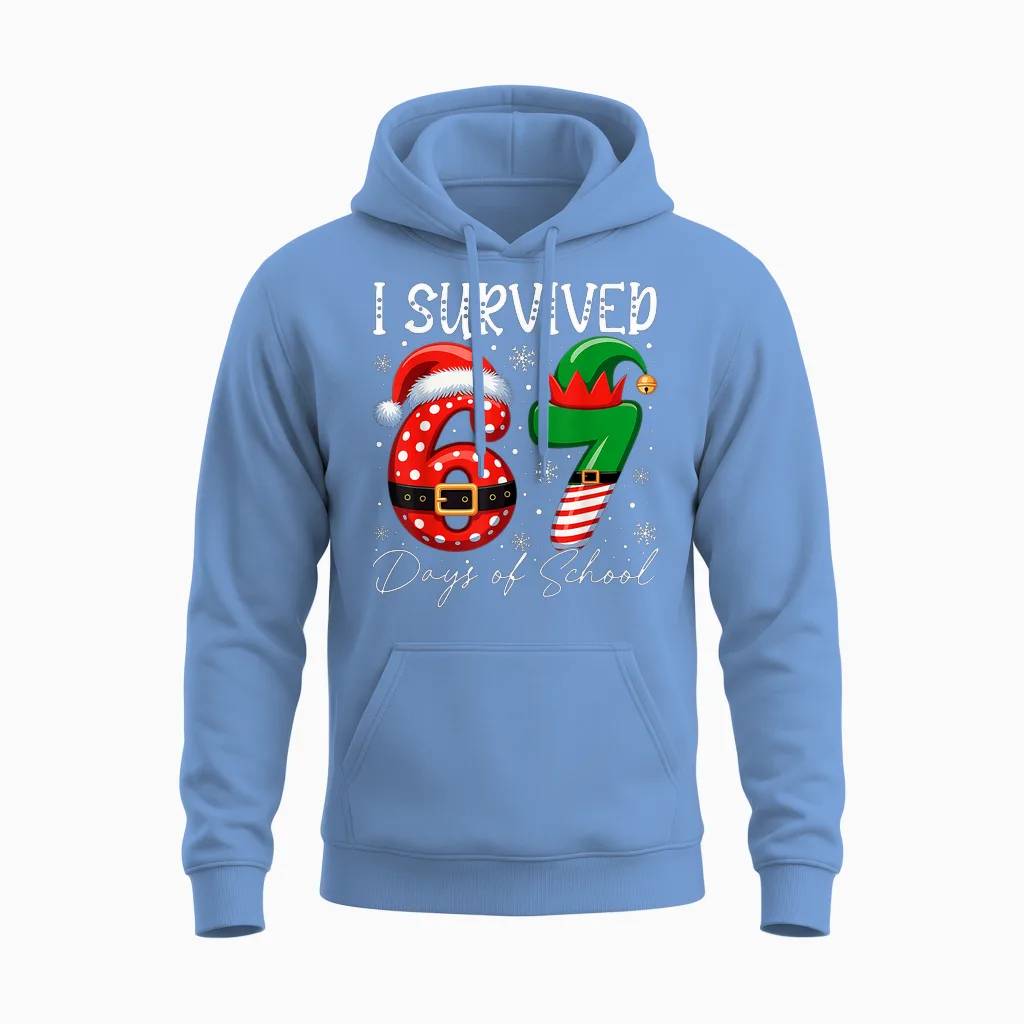 I Survived 67 Day of School Funny 67 Xmas Santa Elf Hat Meme Unisex Hoodie in Carolina Blue