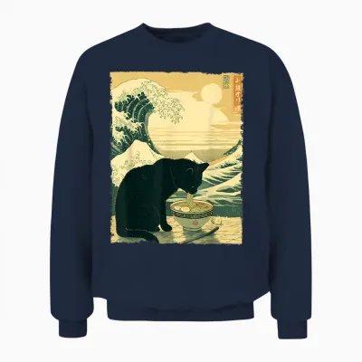 Funny Cat Ramen Great Wave off Kanagawa Illustration Anime Cat Unisex Sweatshirt - Navy
