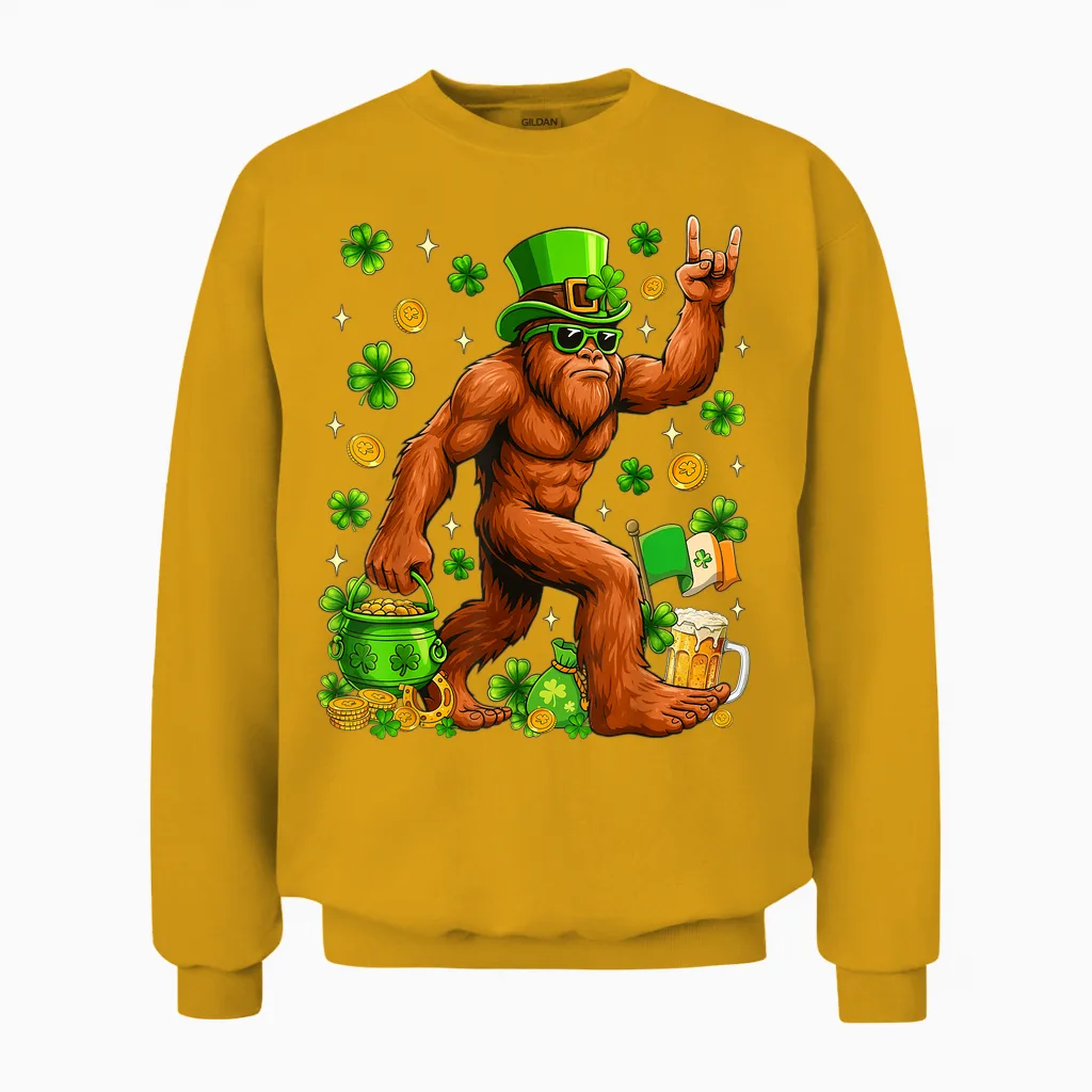 St Patricks Day Bigfoot Sasquatch Shamrock Men Women Unisex Sweatshirt in Gold
