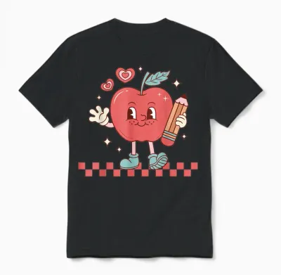 Cute Retro Checkered Apple with Face Teacher Pencil Trendy Unisex T-Shirt - Black