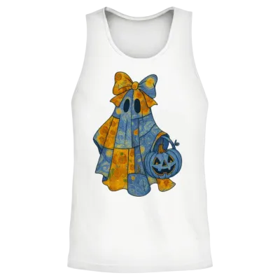 Quilted Ghost with Big Bow and Pumpkin Halloween Unisex Tank Top - White