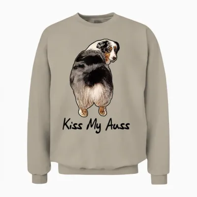 Funny Miniature Australian Shepherd Kiss My Auss Mini Aussie Unisex Sweatshirt - Sand