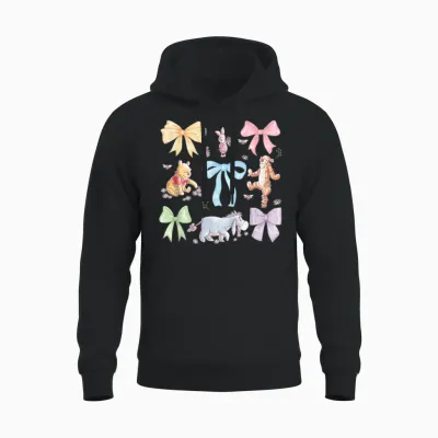 Disney Winnie the Pooh Cute Group Shot Sketch Chest Logo Unisex Hoodie - Black