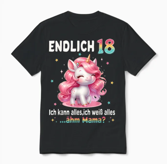 18th Birthday Girl 18 Years Unicorn Party Outfit Unicorn T-Shirt, Black Unisex T-Shirt in Black