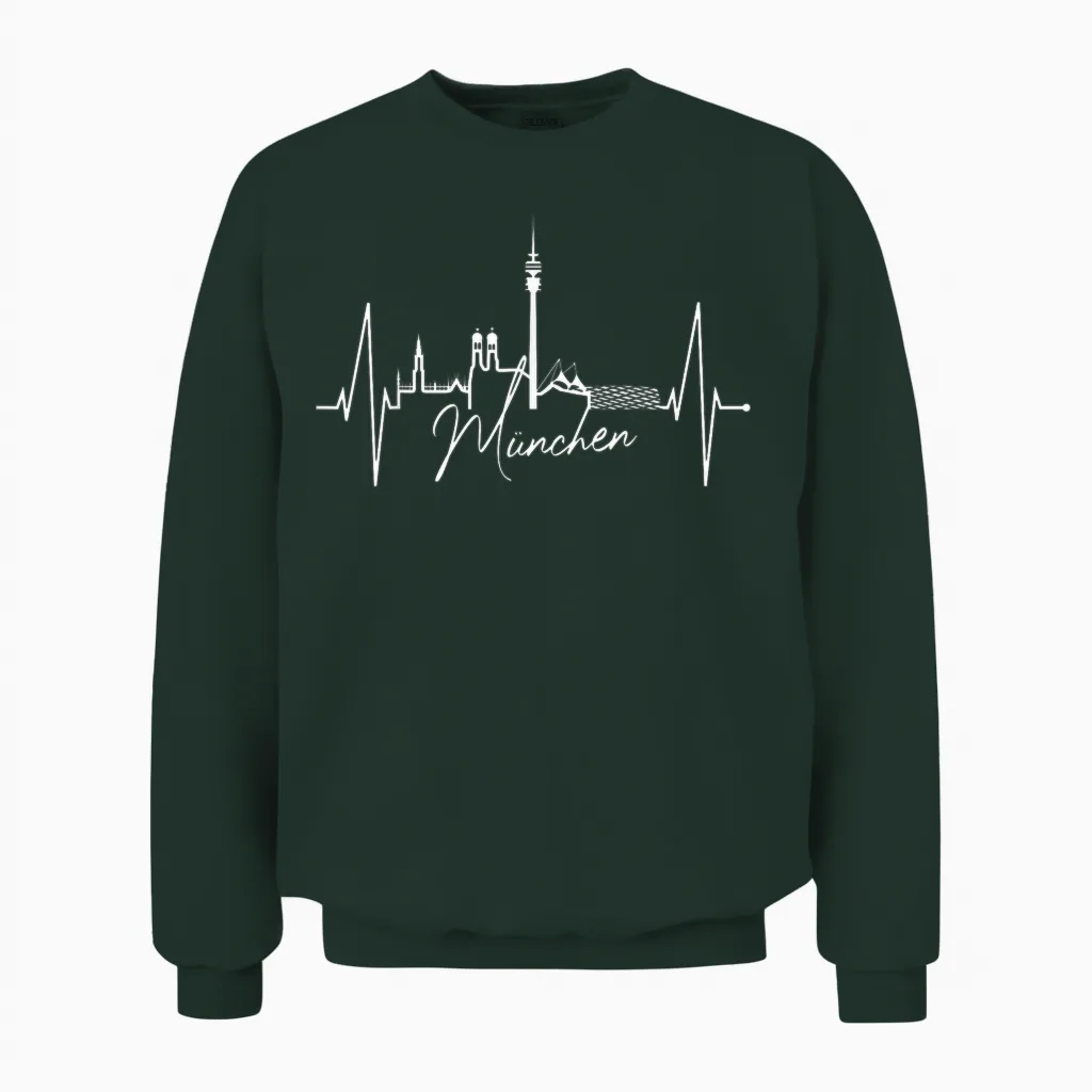 T-Shirt with German Text "münchen I Love Munich" Skyline Heartbeat, Black Unisex Sweatshirt in Forest