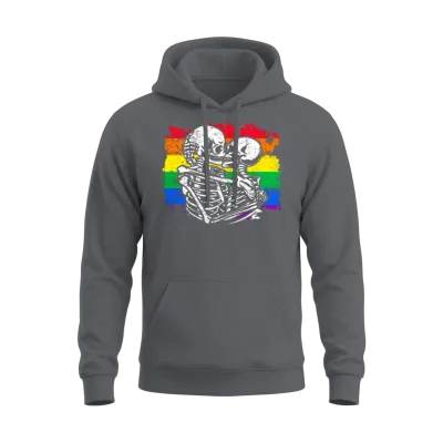 Gay Couple Skeletons Kissing Lgbt Pride Valentines Unisex Hoodie - Charcoal