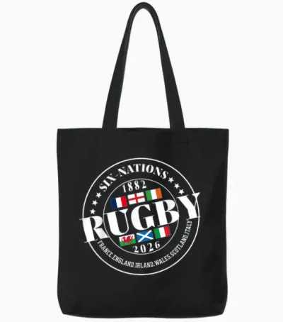 Six Nations Rugby 6 Nation's Rugbyman Supporter Fan Tote Bags - Black