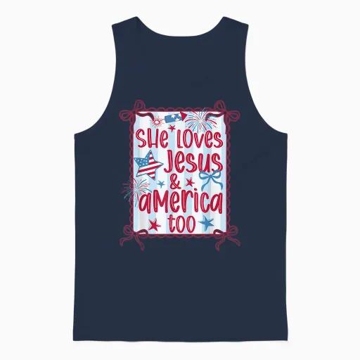 She Loves Jesus and America Too 4th of July Girls Women Mom Unisex Tank Top - Navy