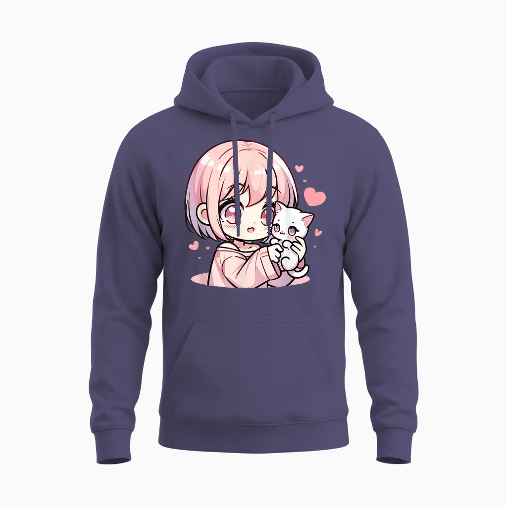 Anime Girl with Cat | Manga for Girls & Kawaii Cute Kitten T-Shirt, Black Unisex Hoodie in Heather Sport Dark Navy
