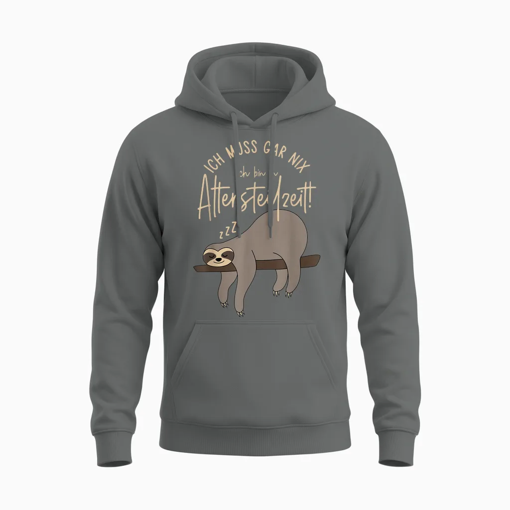T-Shirt with German Text "ich Muss Gar Nix Ich Bin in Altersteilzeit 2024", Black Unisex Hoodie in Graphite Heather