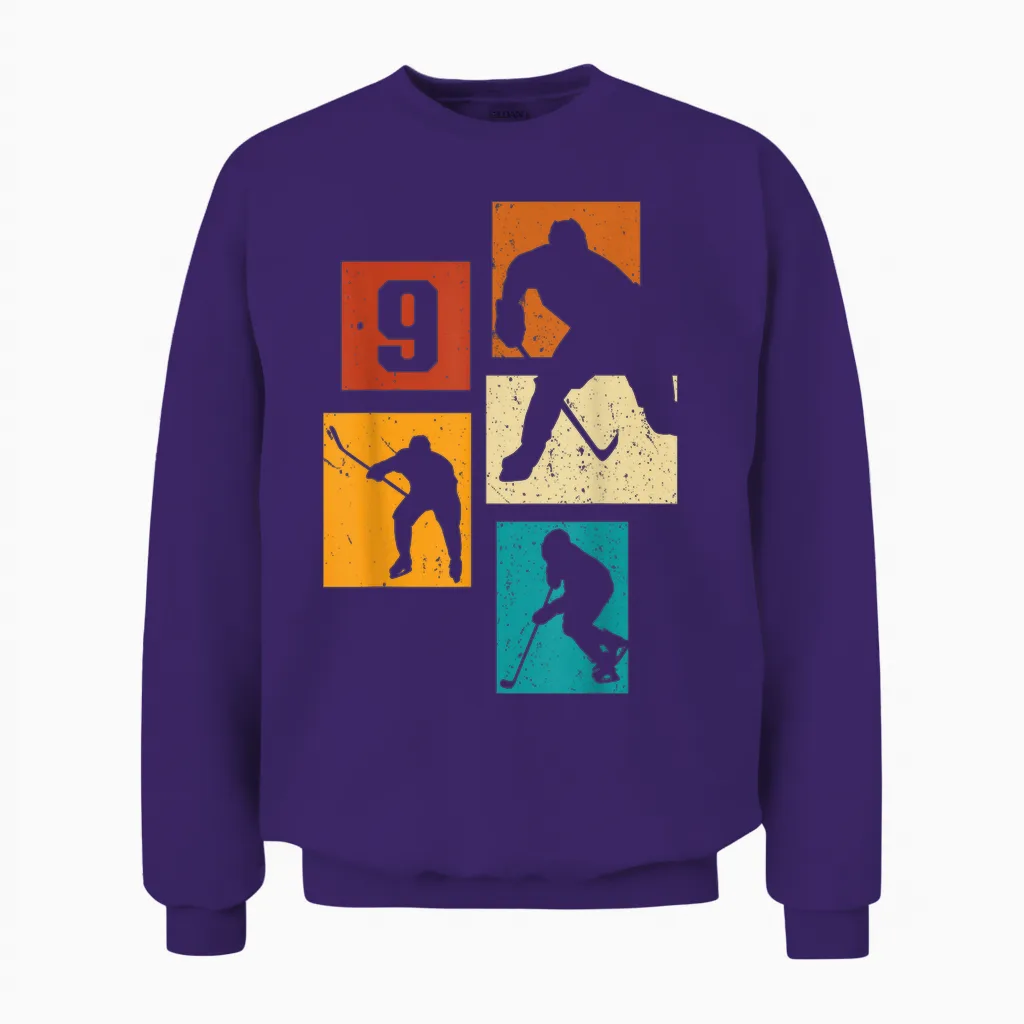9. Geburtstag Eishockey 9. Jahre Jungs Spieler Retro Unisex Sweatshirt in Purple